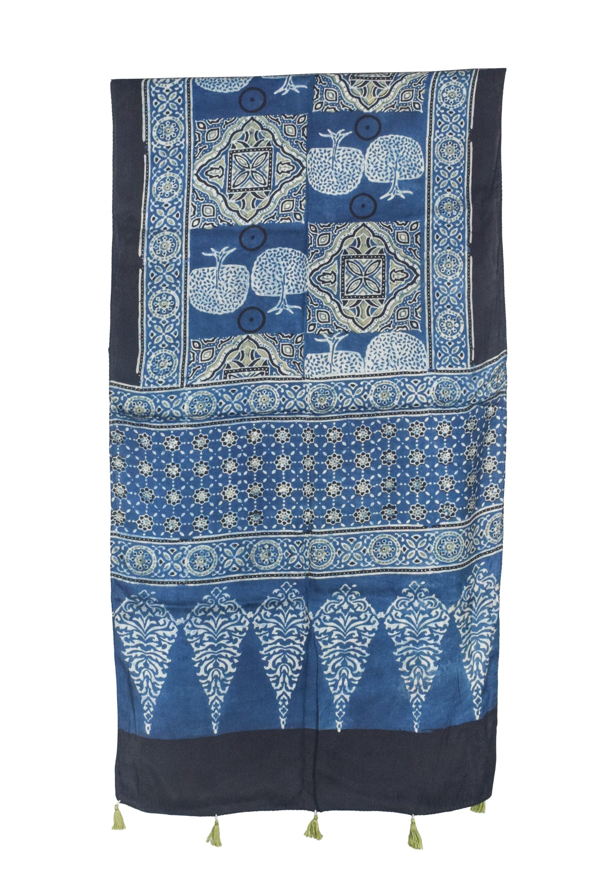 Ajrakh Modal Silk Natural Dye Hand Block Print Stole With Tassels - 2 Mtr Length   -  SKU : AI2783AD