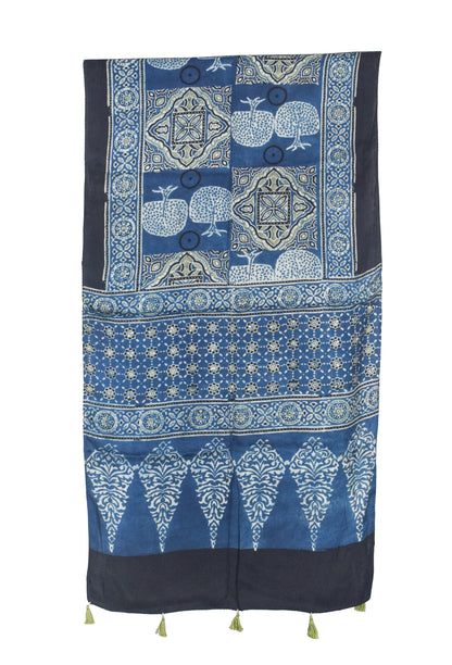 Ajrakh Modal Silk Natural Dye Hand Block Print Stole With Tassels - 2 Mtr Length   -  SKU : AI2783AD