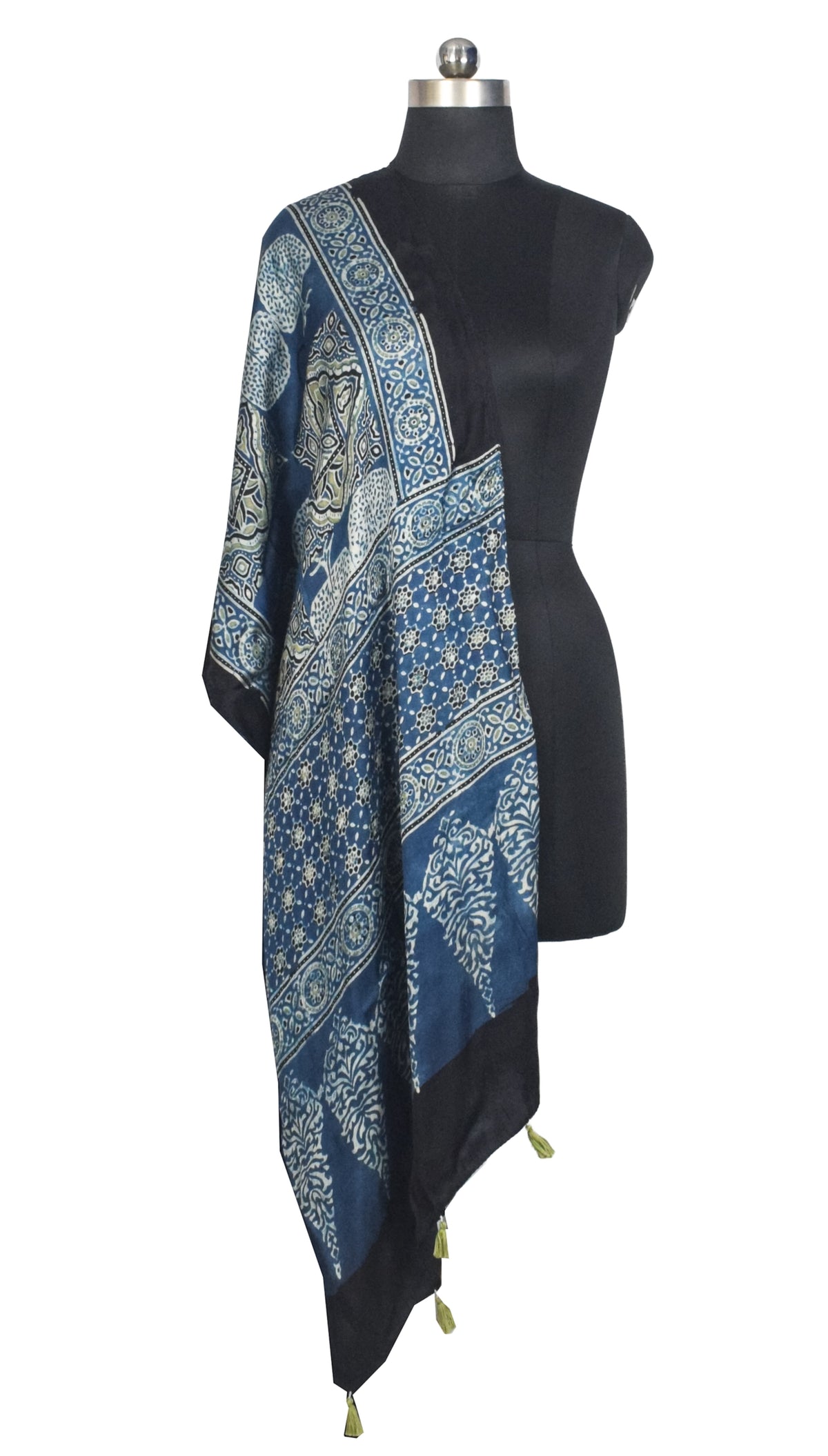 Ajrakh Modal Silk Natural Dye Hand Block Print Stole With Tassels - 2 Mtr Length   -  SKU : AI2783AD