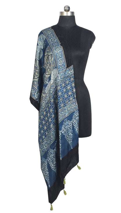 Ajrakh Modal Silk Natural Dye Hand Block Print Stole With Tassels - 2 Mtr Length   -  SKU : AI2783AD