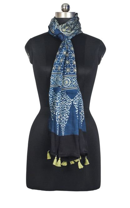 Ajrakh Modal Silk Natural Dye Hand Block Print Stole With Tassels - 2 Mtr Length   -  SKU : AI2783AD