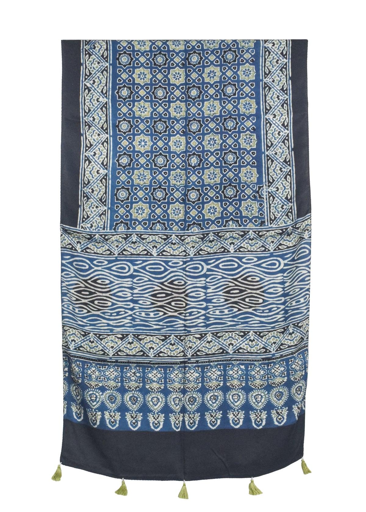 Ajrakh Modal Silk Natural Dye Hand Block Print Stole With Tassels - 2 Mtr Length   -  SKU : AI2783AE