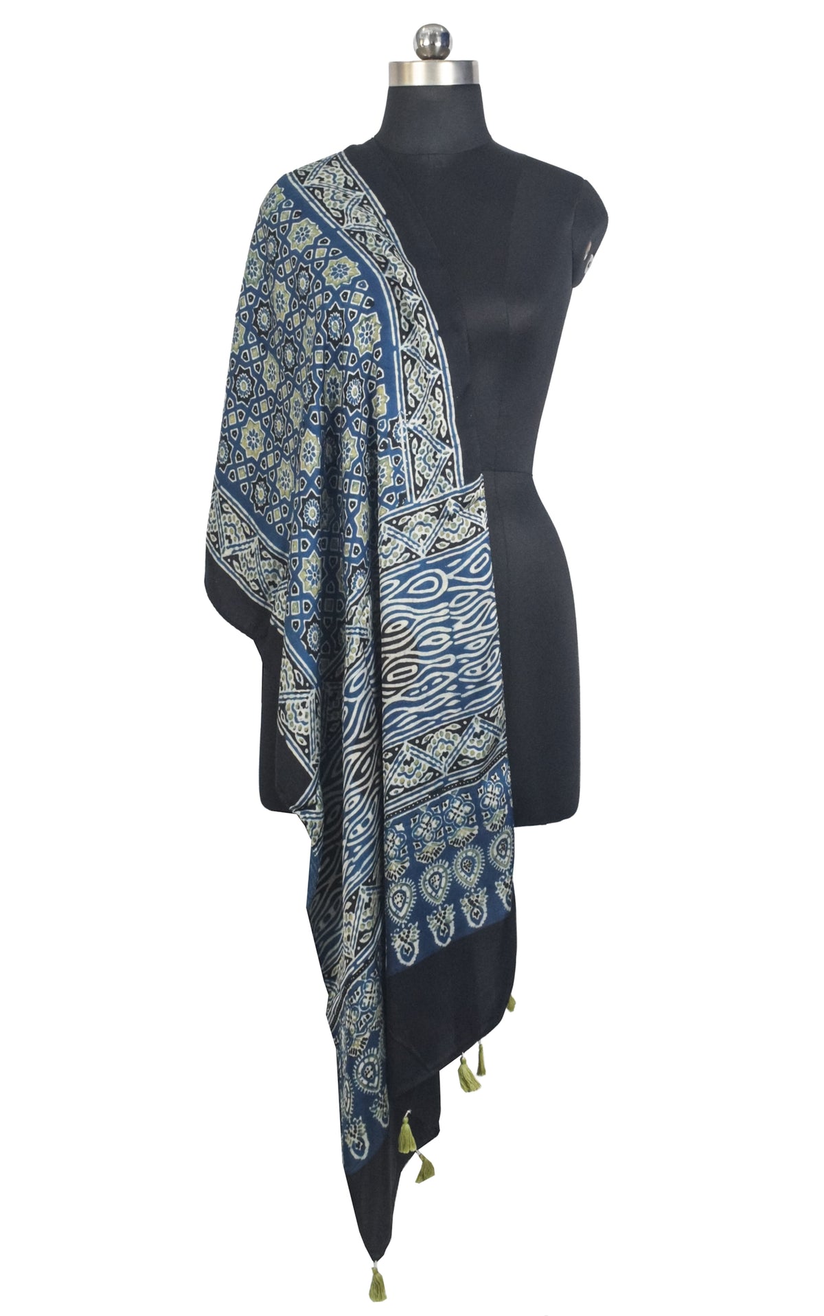 Ajrakh Modal Silk Natural Dye Hand Block Print Stole With Tassels - 2 Mtr Length   -  SKU : AI2783AE