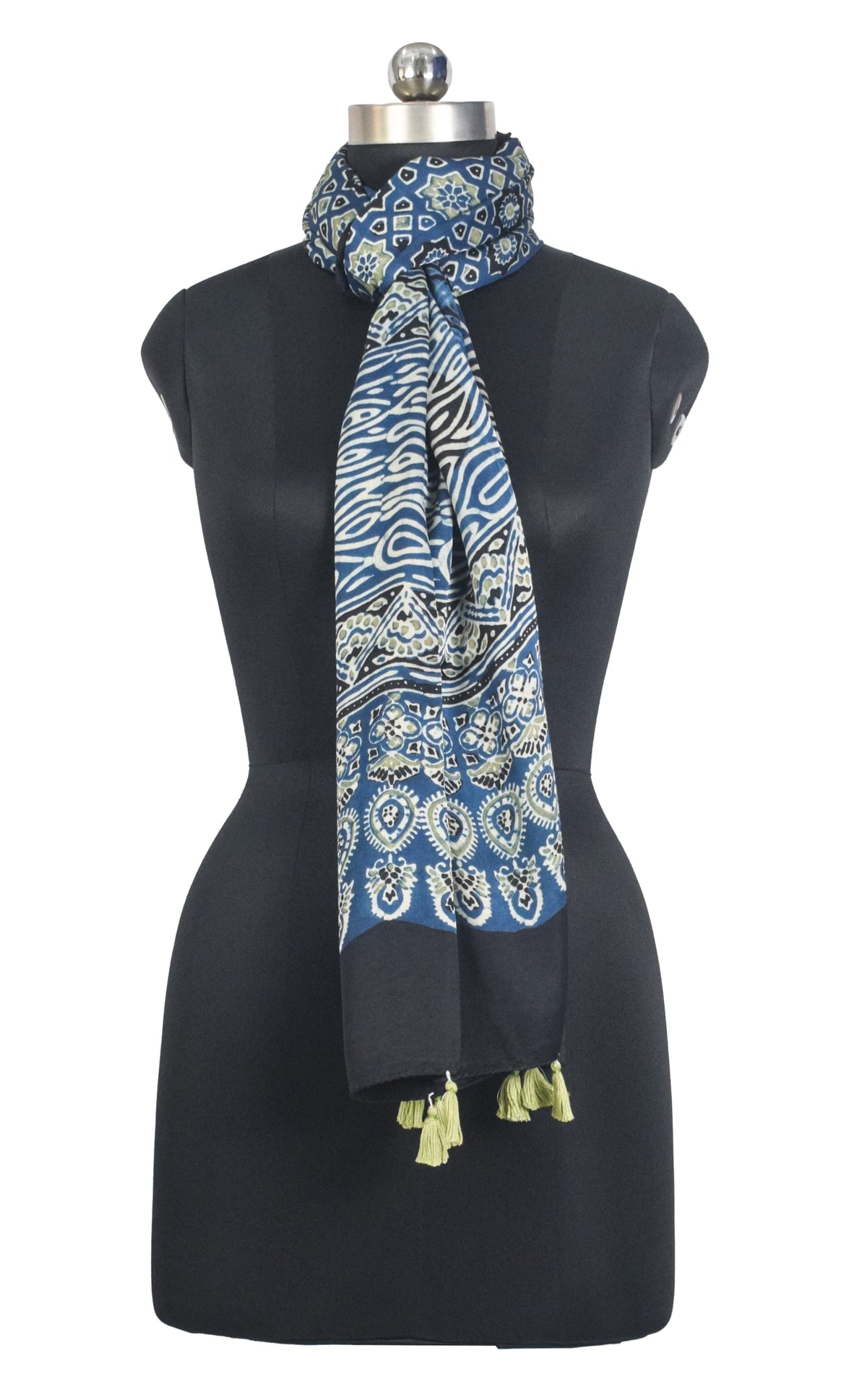 Ajrakh Modal Silk Natural Dye Hand Block Print Stole With Tassels - 2 Mtr Length   -  SKU : AI2783AE