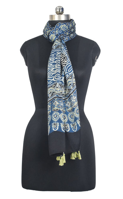 Ajrakh Modal Silk Natural Dye Hand Block Print Stole With Tassels - 2 Mtr Length   -  SKU : AI2783AE