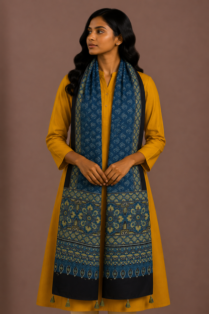 Ajrakh Modal Silk Natural Dye Hand Block Print Stole With Tassels - 2 Mtr Length    -  SKU : EK11A01B