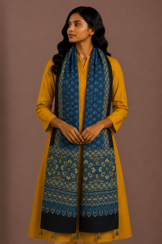 Ajrakh Modal Silk Natural Dye Hand Block Print Stole With Tassels - 2 Mtr Length    -  SKU : EK11A01B