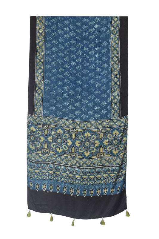 Ajrakh Modal Silk Natural Dye Hand Block Print Stole With Tassels - 2 Mtr Length    -  SKU : EK11A01B