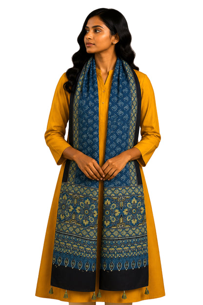 Ajrakh Modal Silk Natural Dye Hand Block Print Stole With Tassels - 2 Mtr Length    -  SKU : EK11A01B