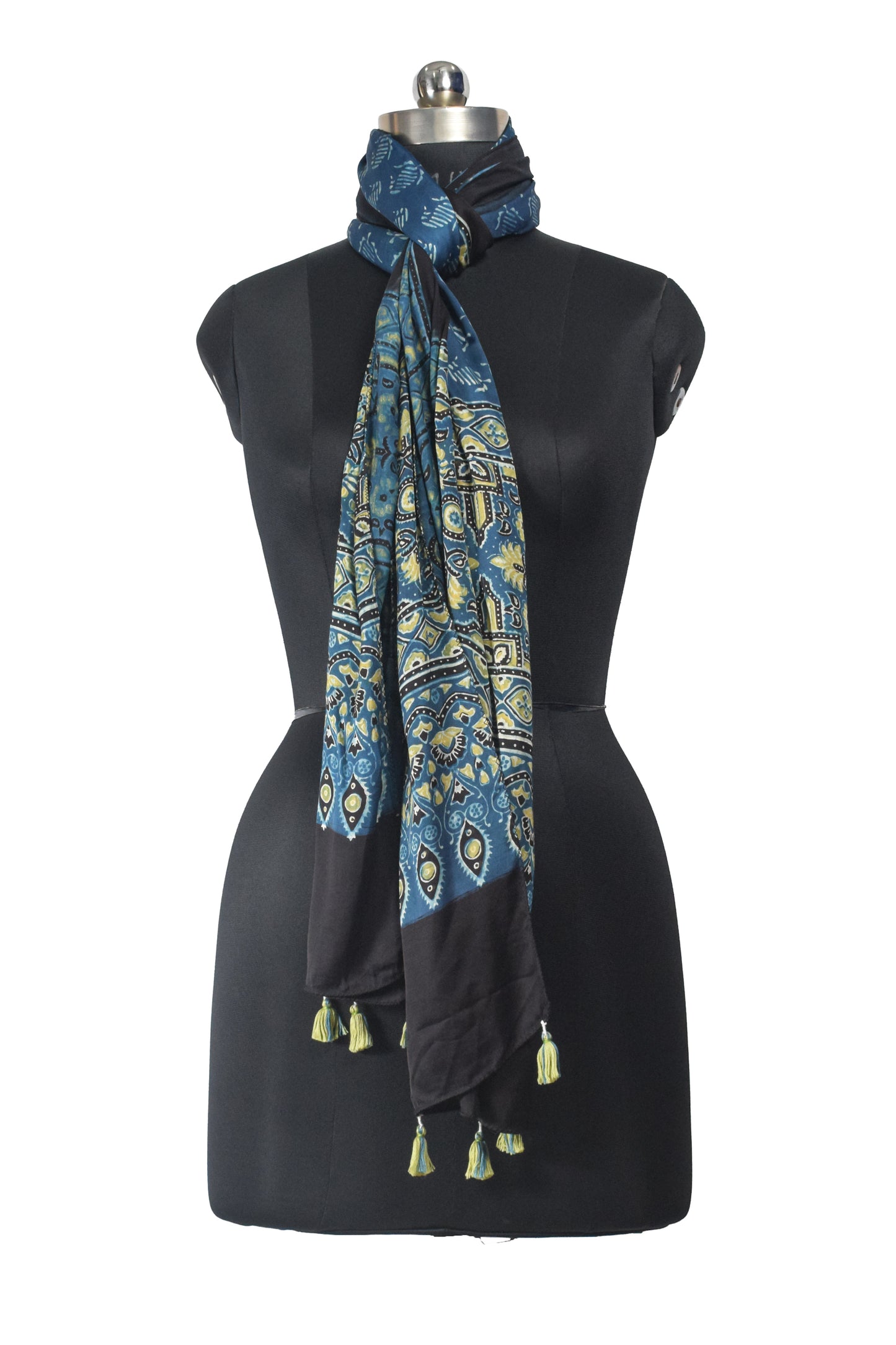 Ajrakh Modal Silk Natural Dye Hand Block Print Stole With Tassels - 2 Mtr Length    -  SKU : EK11A01B