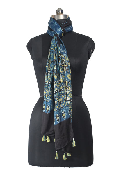 Ajrakh Modal Silk Natural Dye Hand Block Print Stole With Tassels - 2 Mtr Length    -  SKU : EK11A01B