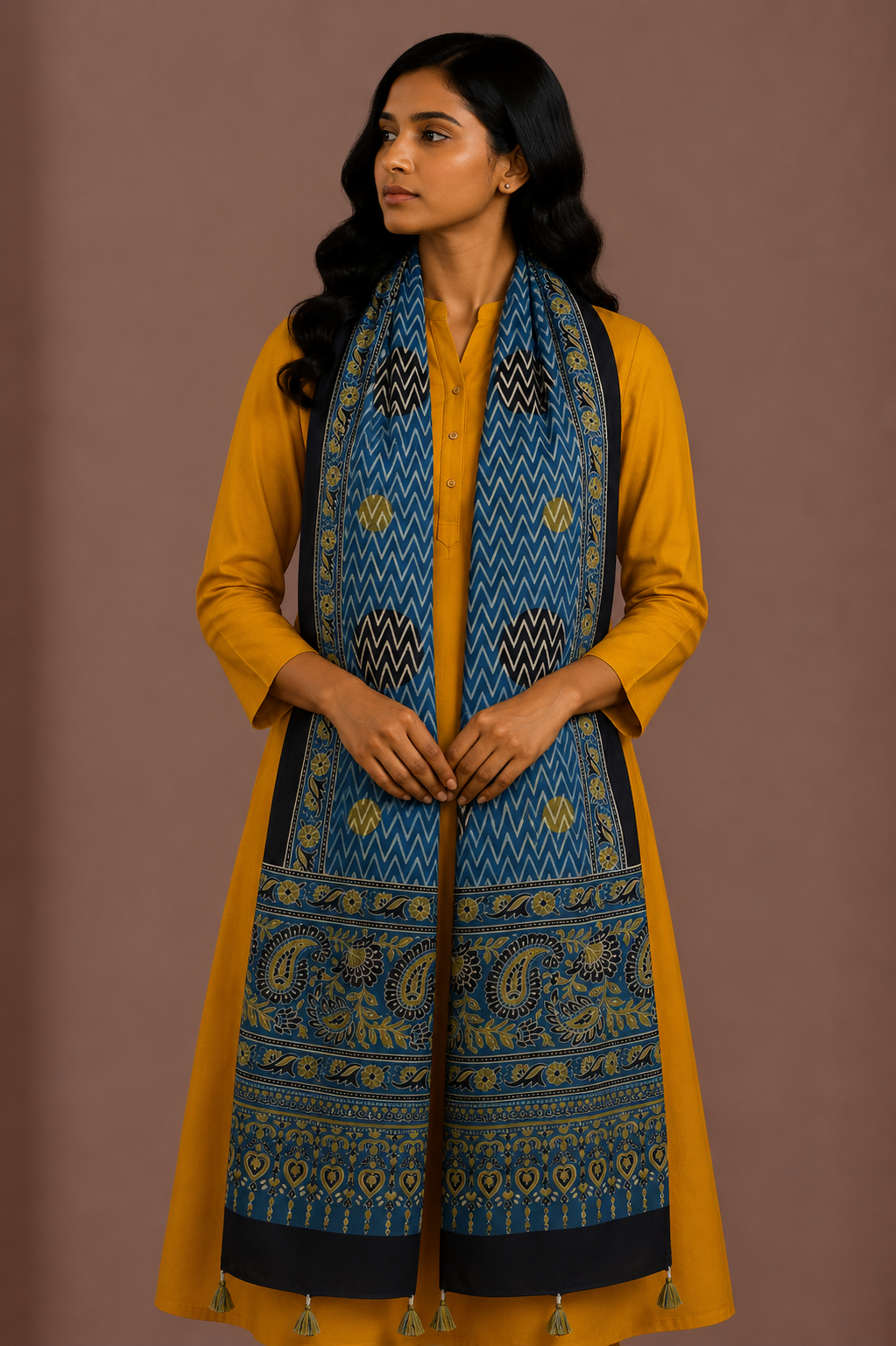 Ajrakh Modal Silk Natural Dye Hand Block Print Stole With Tassels - 2 Mtr Length    -  SKU : EK11A01D