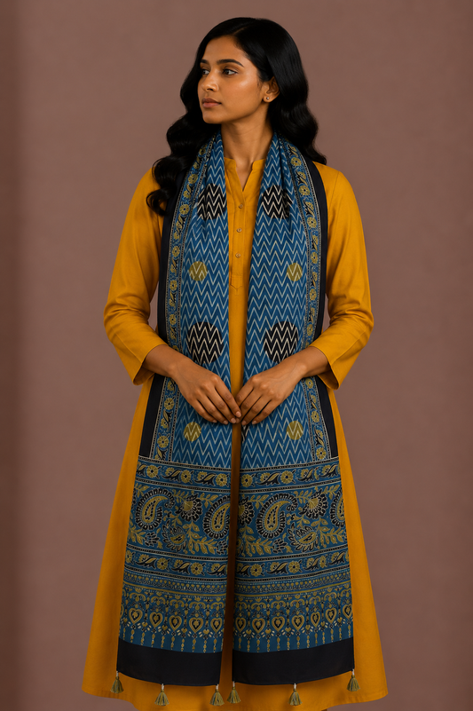 Ajrakh Modal Silk Natural Dye Hand Block Print Stole With Tassels - 2 Mtr Length    -  SKU : EK11A01D