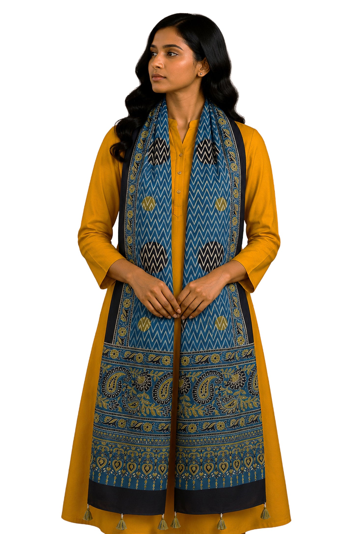Ajrakh Modal Silk Natural Dye Hand Block Print Stole With Tassels - 2 Mtr Length    -  SKU : EK11A01D