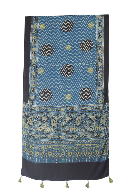 Ajrakh Modal Silk Natural Dye Hand Block Print Stole With Tassels - 2 Mtr Length    -  SKU : EK11A01D