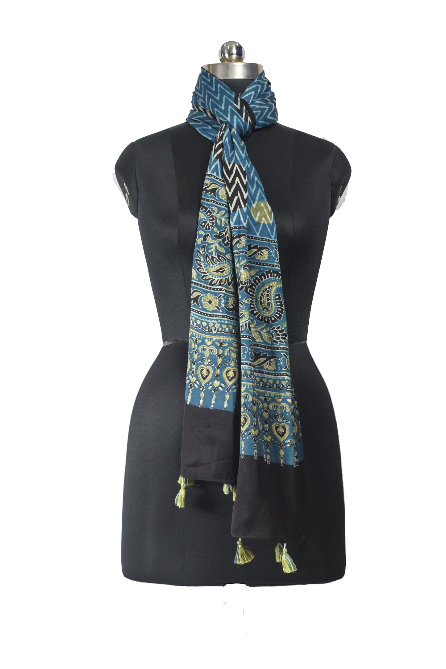 Ajrakh Modal Silk Natural Dye Hand Block Print Stole With Tassels - 2 Mtr Length    -  SKU : EK11A01D