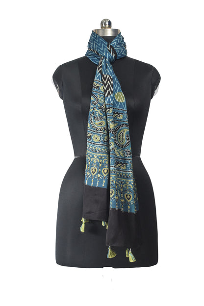 Ajrakh Modal Silk Natural Dye Hand Block Print Stole With Tassels - 2 Mtr Length    -  SKU : EK11A01D
