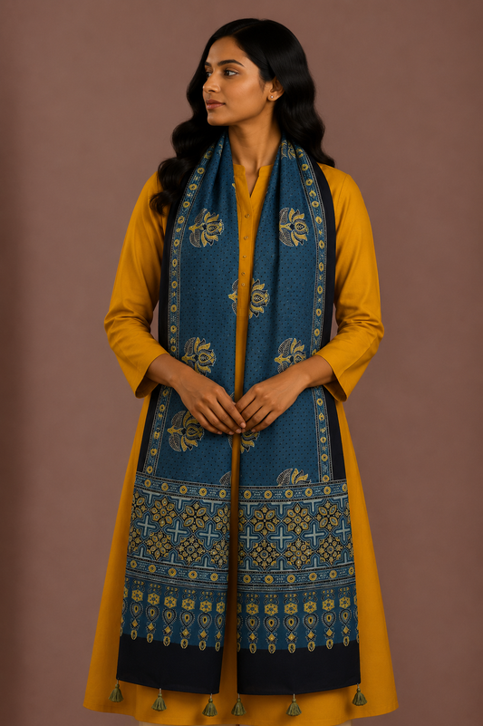 Ajrakh Modal Silk Natural Dye Hand Block Print Stole With Tassels - 2 Mtr Length    -  SKU : EK11A01F