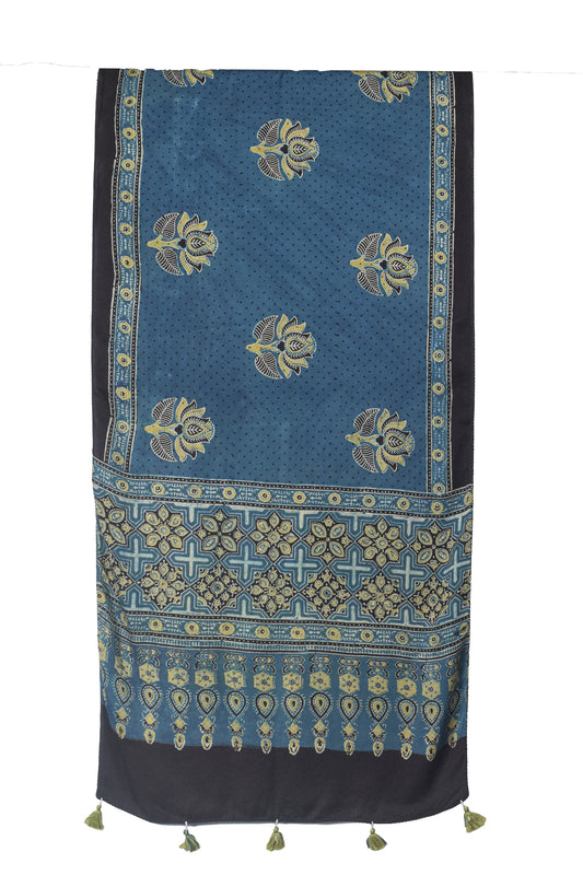 Ajrakh Modal Silk Natural Dye Hand Block Print Stole With Tassels - 2 Mtr Length    -  SKU : EK11A01F