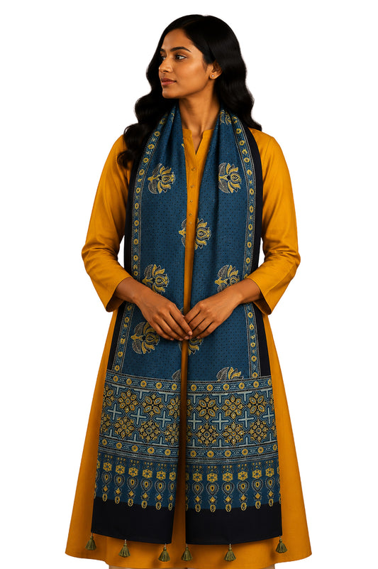Ajrakh Modal Silk Natural Dye Hand Block Print Stole With Tassels - 2 Mtr Length    -  SKU : EK11A01F