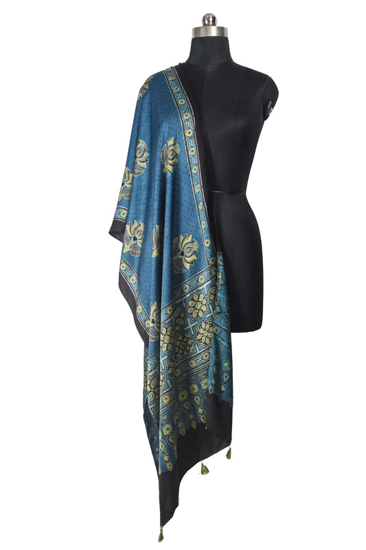 Ajrakh Modal Silk Natural Dye Hand Block Print Stole With Tassels - 2 Mtr Length    -  SKU : EK11A01F