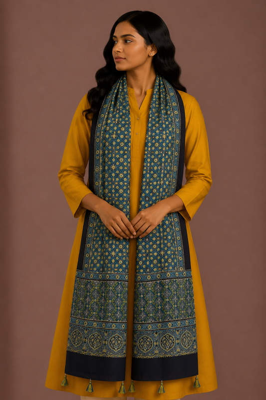 Ajrakh Modal Silk Natural Dye Hand Block Print Stole With Tassels - 2 Mtr Length    -  SKU : EK11A01H