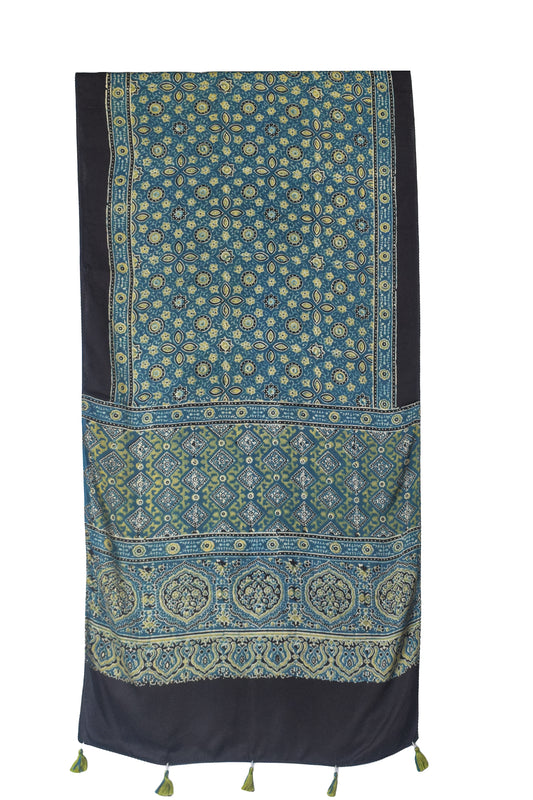 Ajrakh Modal Silk Natural Dye Hand Block Print Stole With Tassels - 2 Mtr Length    -  SKU : EK11A01H