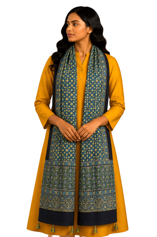 Ajrakh Modal Silk Natural Dye Hand Block Print Stole With Tassels - 2 Mtr Length    -  SKU : EK11A01H