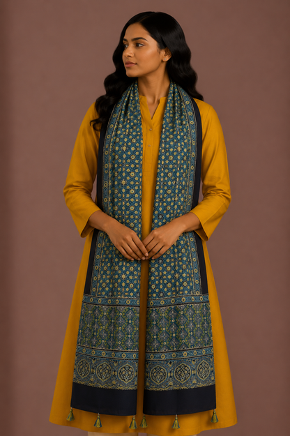 Ajrakh Modal Silk Natural Dye Hand Block Print Stole With Tassels - 2 Mtr Length    -  SKU : EK11A01H