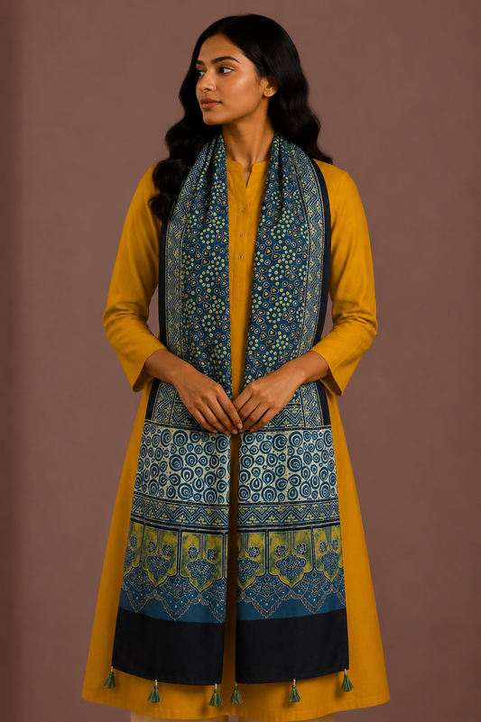 Ajrakh Modal Silk Natural Dye Hand Block Print Stole With Tassels - 2 Mtr Length    -  SKU : EK11A01K