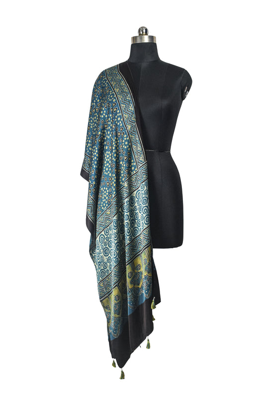 Ajrakh Modal Silk Natural Dye Hand Block Print Stole With Tassels - 2 Mtr Length    -  SKU : EK11A01K