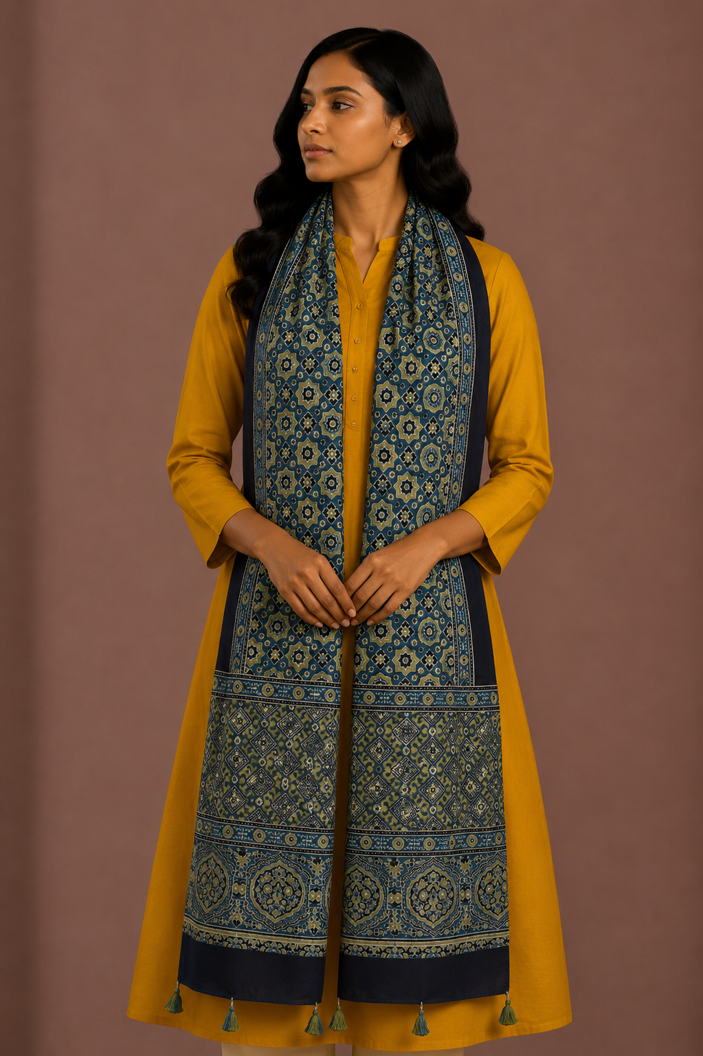 Ajrakh Modal Silk Natural Dye Hand Block Print Stole With Tassels - 2 Mtr Length    -  SKU : EK11A01U