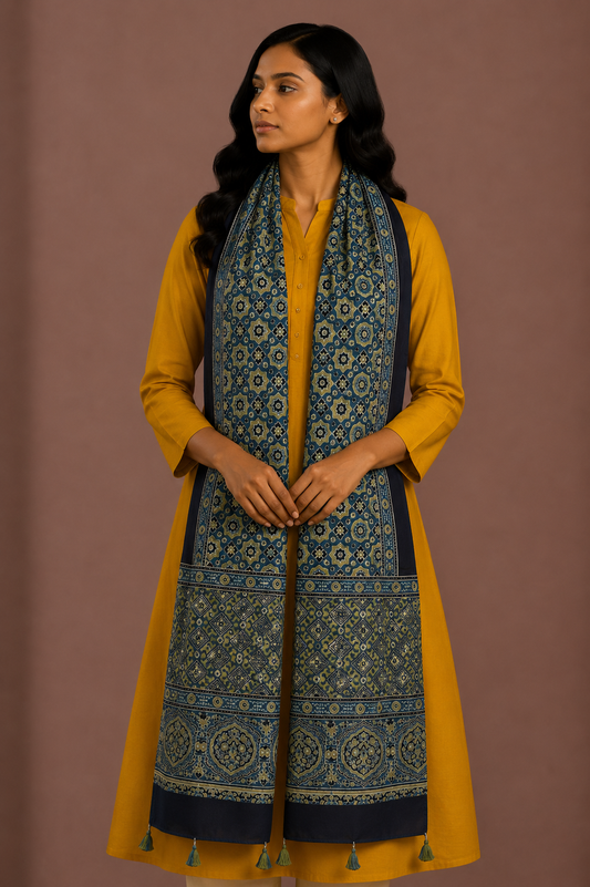 Ajrakh Modal Silk Natural Dye Hand Block Print Stole With Tassels - 2 Mtr Length    -  SKU : EK11A01U