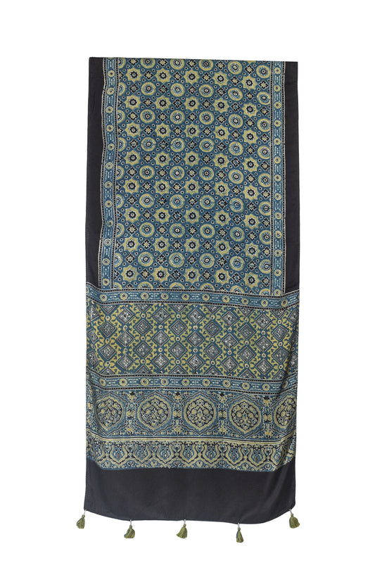 Ajrakh Modal Silk Natural Dye Hand Block Print Stole With Tassels - 2 Mtr Length    -  SKU : EK11A01U
