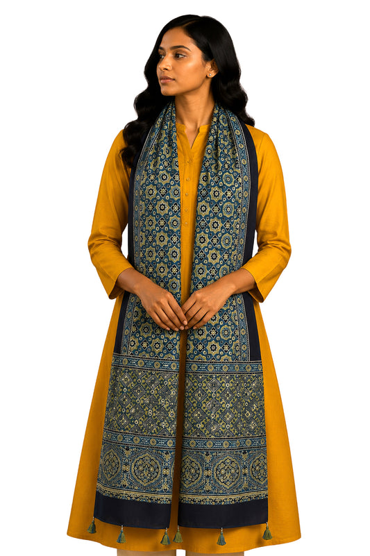 Ajrakh Modal Silk Natural Dye Hand Block Print Stole With Tassels - 2 Mtr Length    -  SKU : EK11A01U