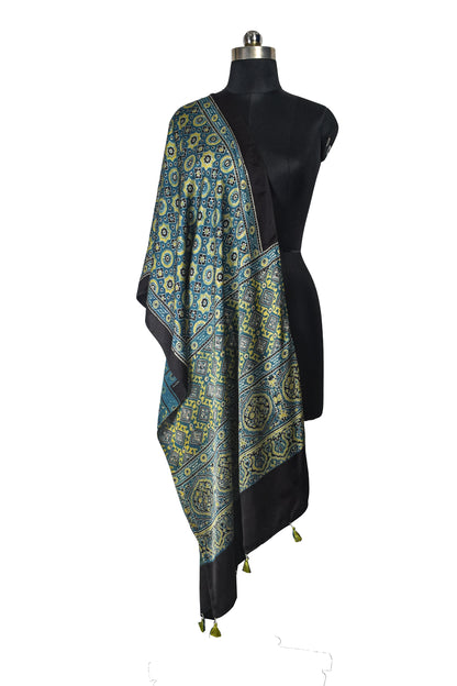 Ajrakh Modal Silk Natural Dye Hand Block Print Stole With Tassels - 2 Mtr Length    -  SKU : EK11A01U