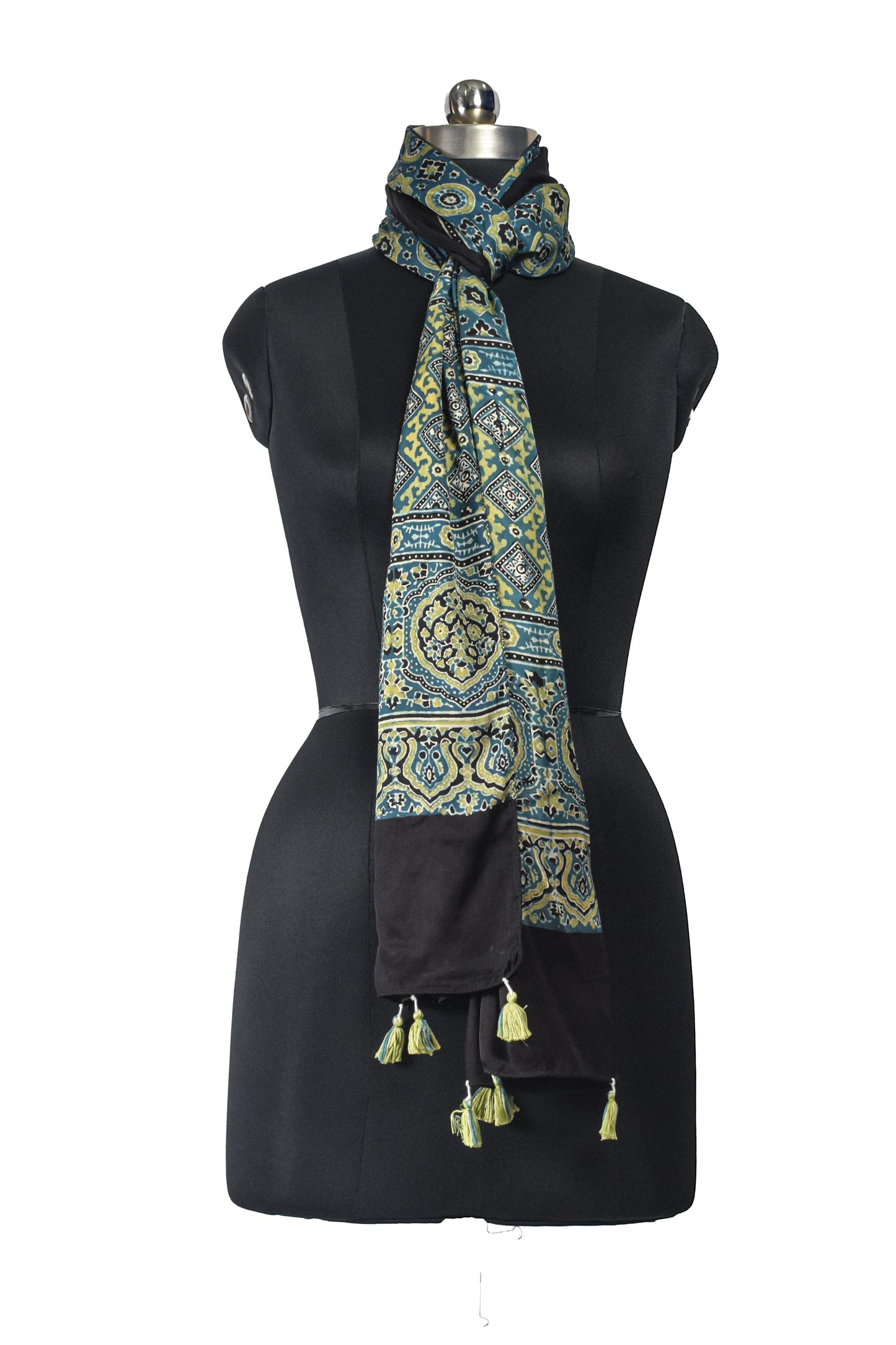 Ajrakh Modal Silk Natural Dye Hand Block Print Stole With Tassels - 2 Mtr Length    -  SKU : EK11A01U