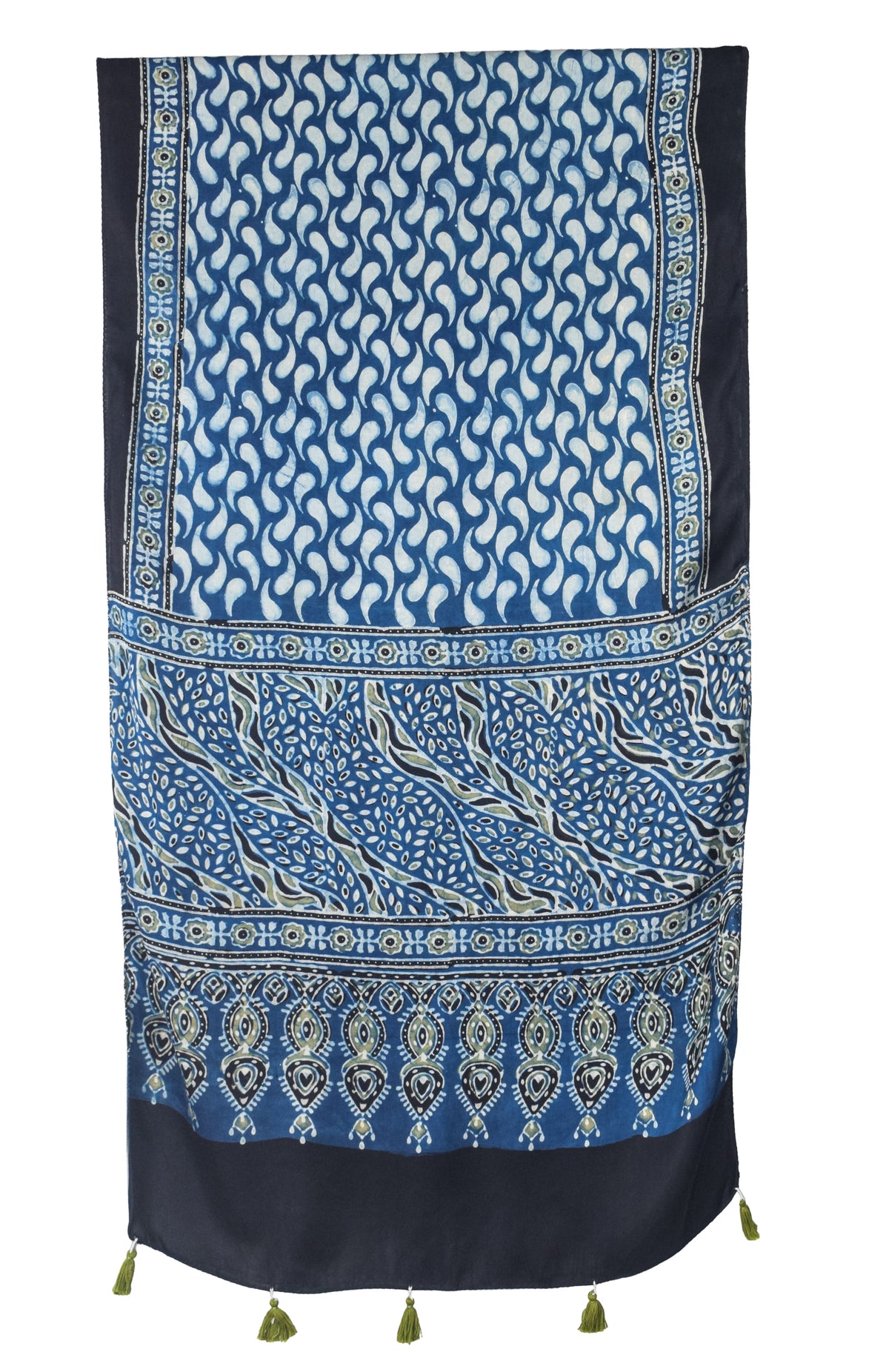 Ajrakh Modal Silk Natural Dye Hand Block Print Stole With Tassels - 2 Mtr Length   -  SKU : EK28901O