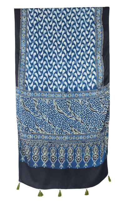 Ajrakh Modal Silk Natural Dye Hand Block Print Stole With Tassels - 2 Mtr Length   -  SKU : EK28901O