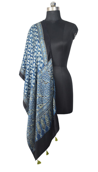 Ajrakh Modal Silk Natural Dye Hand Block Print Stole With Tassels - 2 Mtr Length   -  SKU : EK28901O