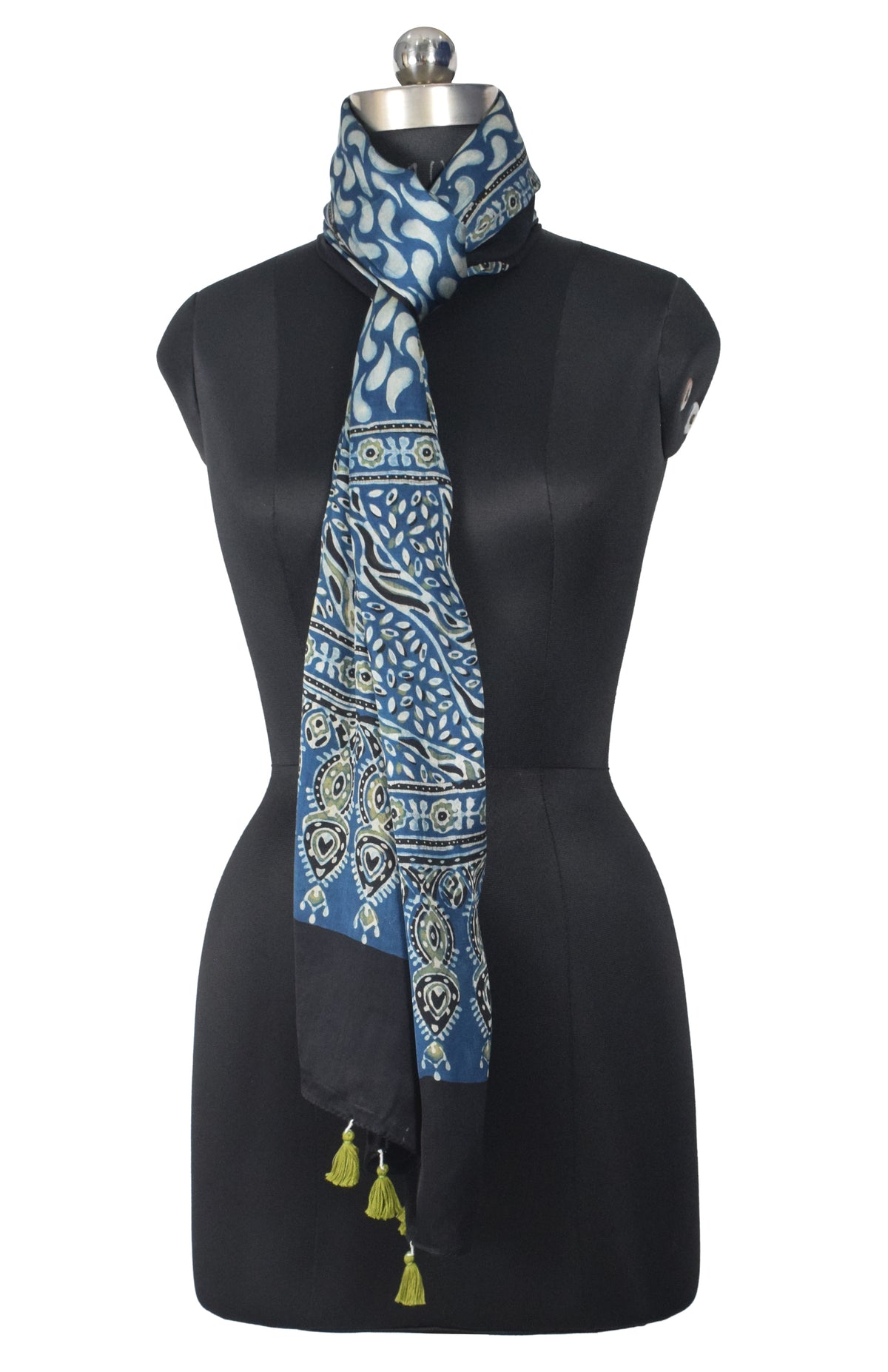 Ajrakh Modal Silk Natural Dye Hand Block Print Stole With Tassels - 2 Mtr Length   -  SKU : EK28901O