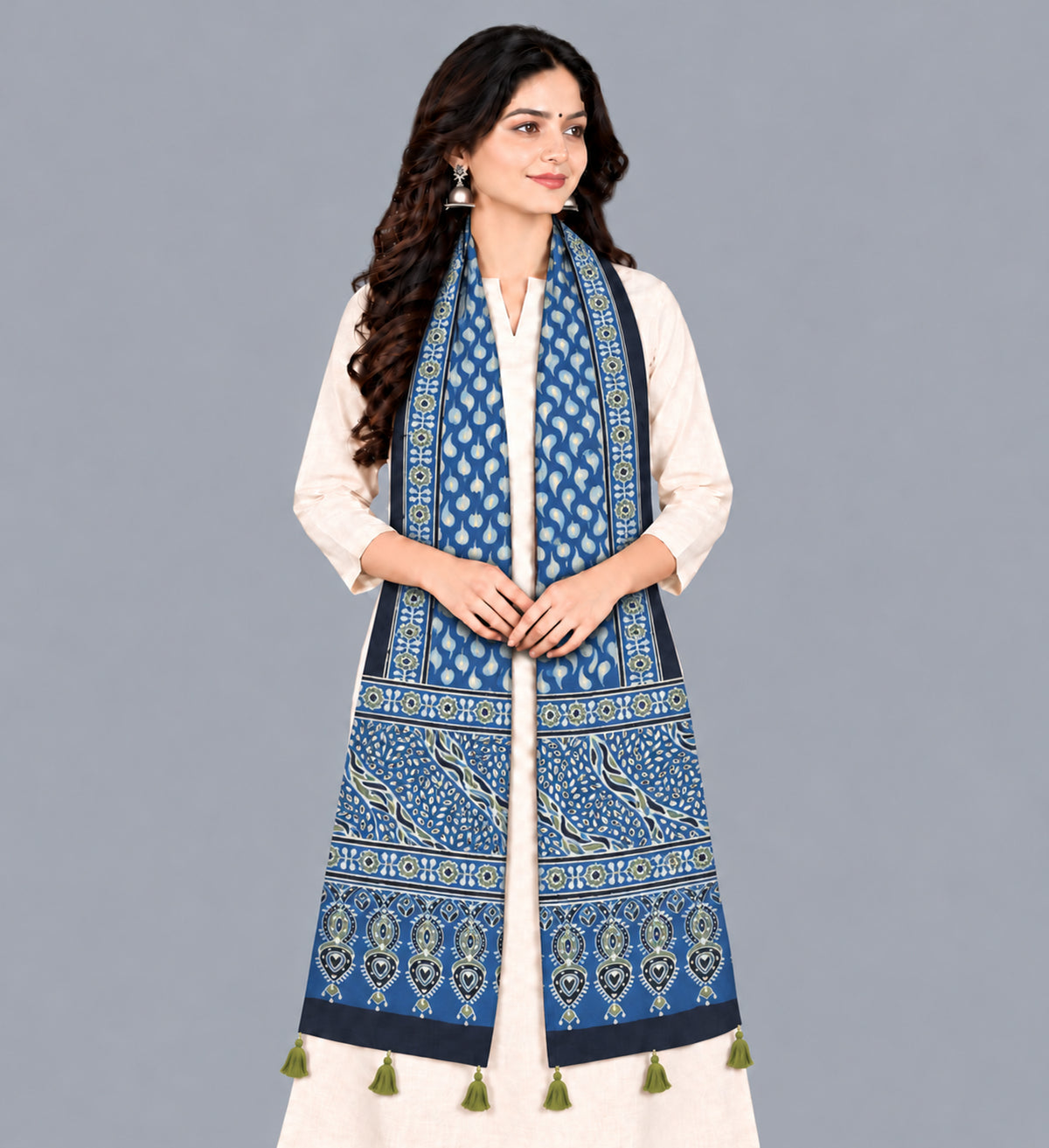 Ajrakh Modal Silk Natural Dye Hand Block Print Stole With Tassels - 2 Mtr Length   -  SKU : EK28901O
