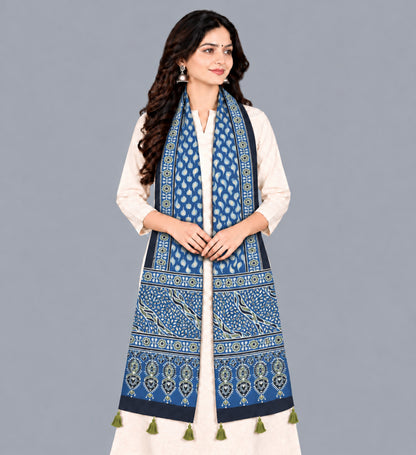 Ajrakh Modal Silk Natural Dye Hand Block Print Stole With Tassels - 2 Mtr Length   -  SKU : EK28901O
