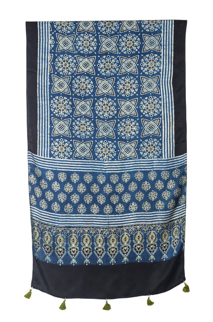 Ajrakh Modal Silk Natural Dye Hand Block Print Stole With Tassels - 2 Mtr Length   -  SKU : EK28901P