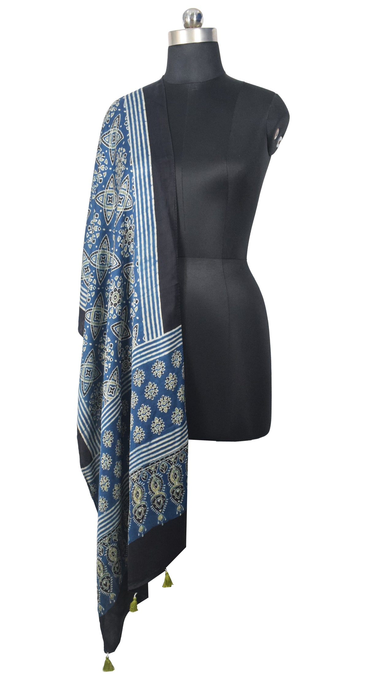 Ajrakh Modal Silk Natural Dye Hand Block Print Stole With Tassels - 2 Mtr Length   -  SKU : EK28901P