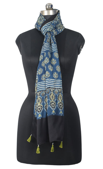 Ajrakh Modal Silk Natural Dye Hand Block Print Stole With Tassels - 2 Mtr Length   -  SKU : EK28901P