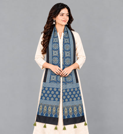 Ajrakh Modal Silk Natural Dye Hand Block Print Stole With Tassels - 2 Mtr Length   -  SKU : EK28901P