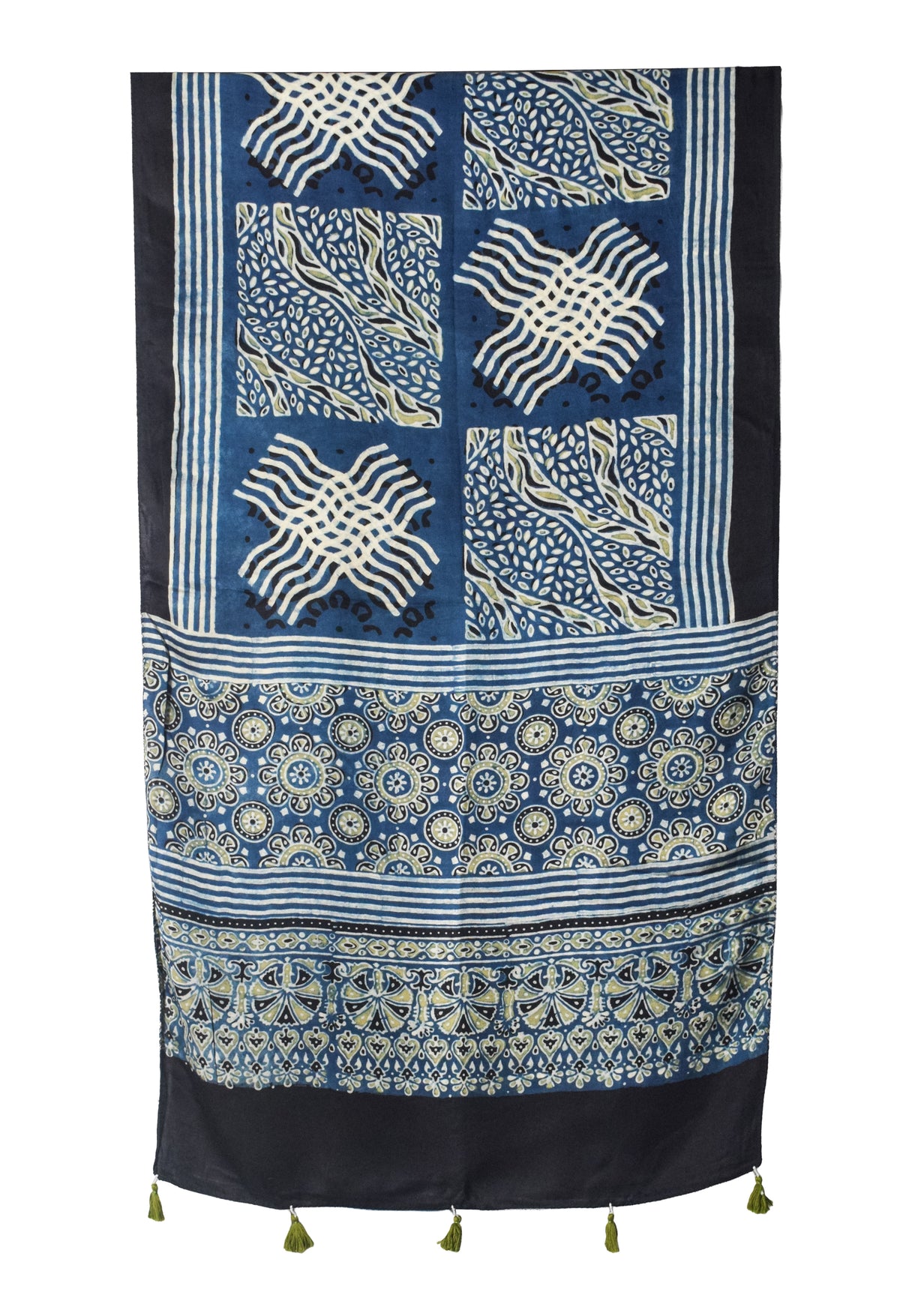 Ajrakh Modal Silk Natural Dye Hand Block Print Stole With Tassels - 2 Mtr Length   -  SKU : EK28901Q