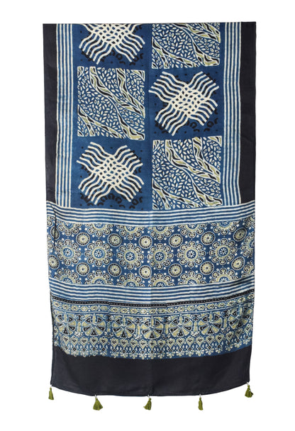 Ajrakh Modal Silk Natural Dye Hand Block Print Stole With Tassels - 2 Mtr Length   -  SKU : EK28901Q