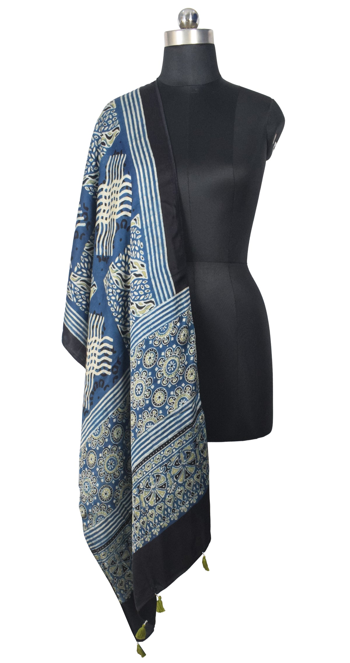 Ajrakh Modal Silk Natural Dye Hand Block Print Stole With Tassels - 2 Mtr Length   -  SKU : EK28901Q